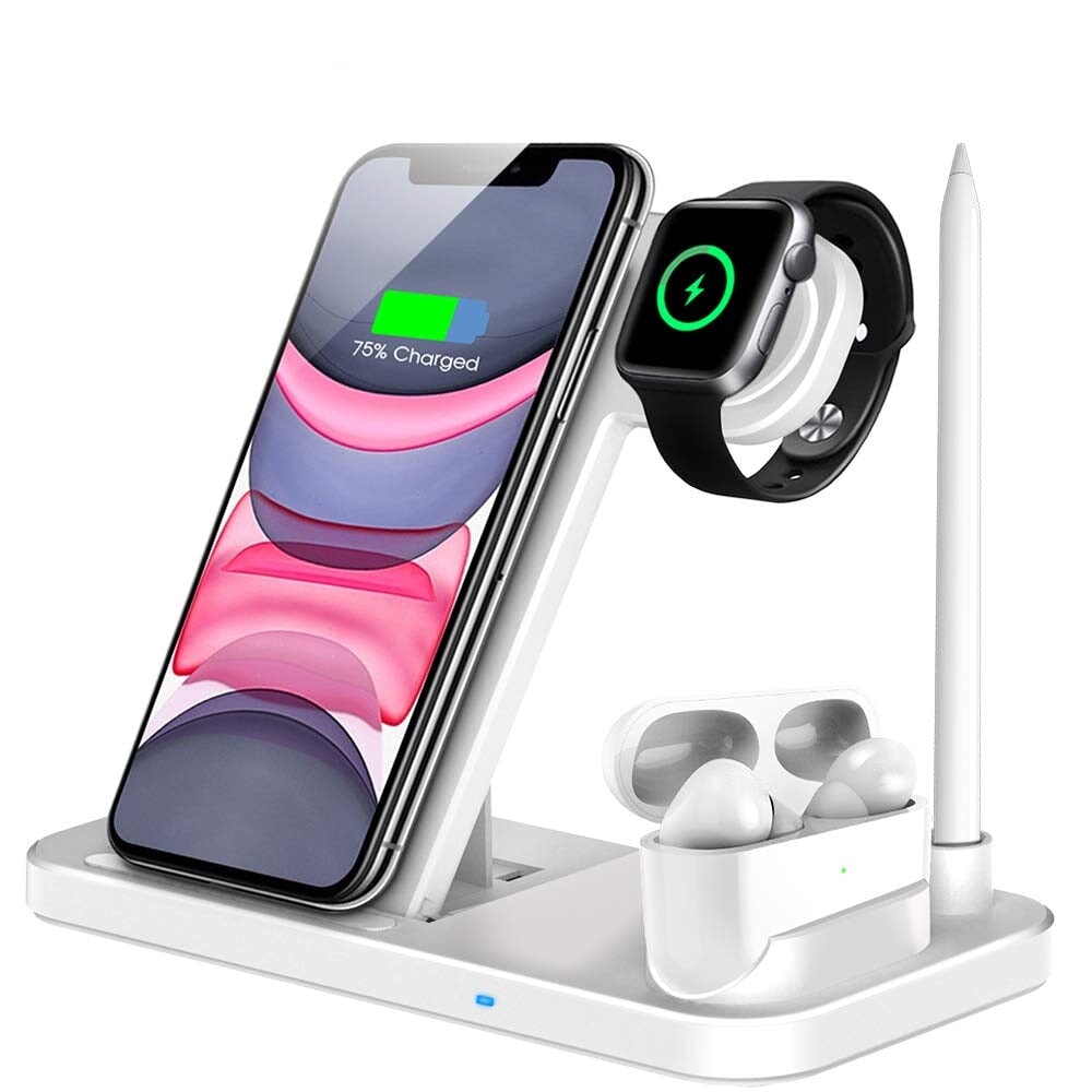 15W Fast Wireless Charger Stand For iPhone 14 13 12 11 8 Apple Watch 4 in 1 Foldable Charging Station for Airpods Pro iWatch 0 2ToneDeals Style2 10W White CN 