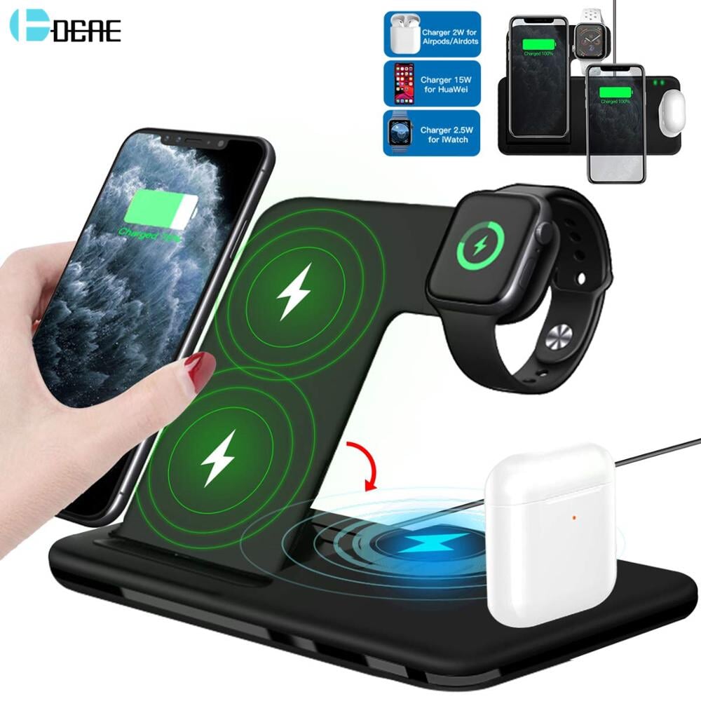 15W Fast Wireless Charger Stand For iPhone 14 13 12 11 8 Apple Watch 4 in 1 Foldable Charging Station for Airpods Pro iWatch 0 2ToneDeals 